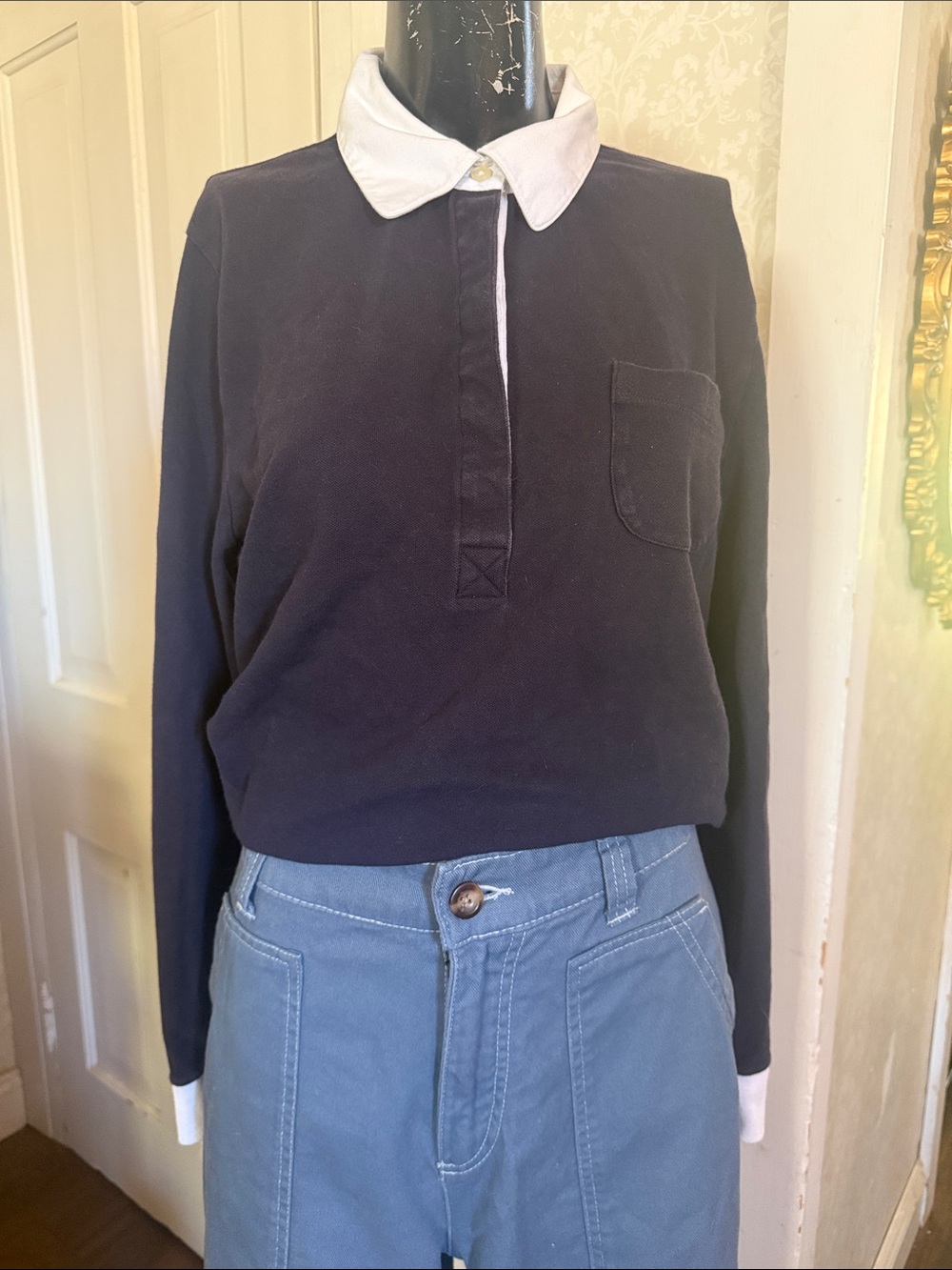 Lands End Navy W White Collar Cuffs Long Sleeve Preppy Polo Rugby Large